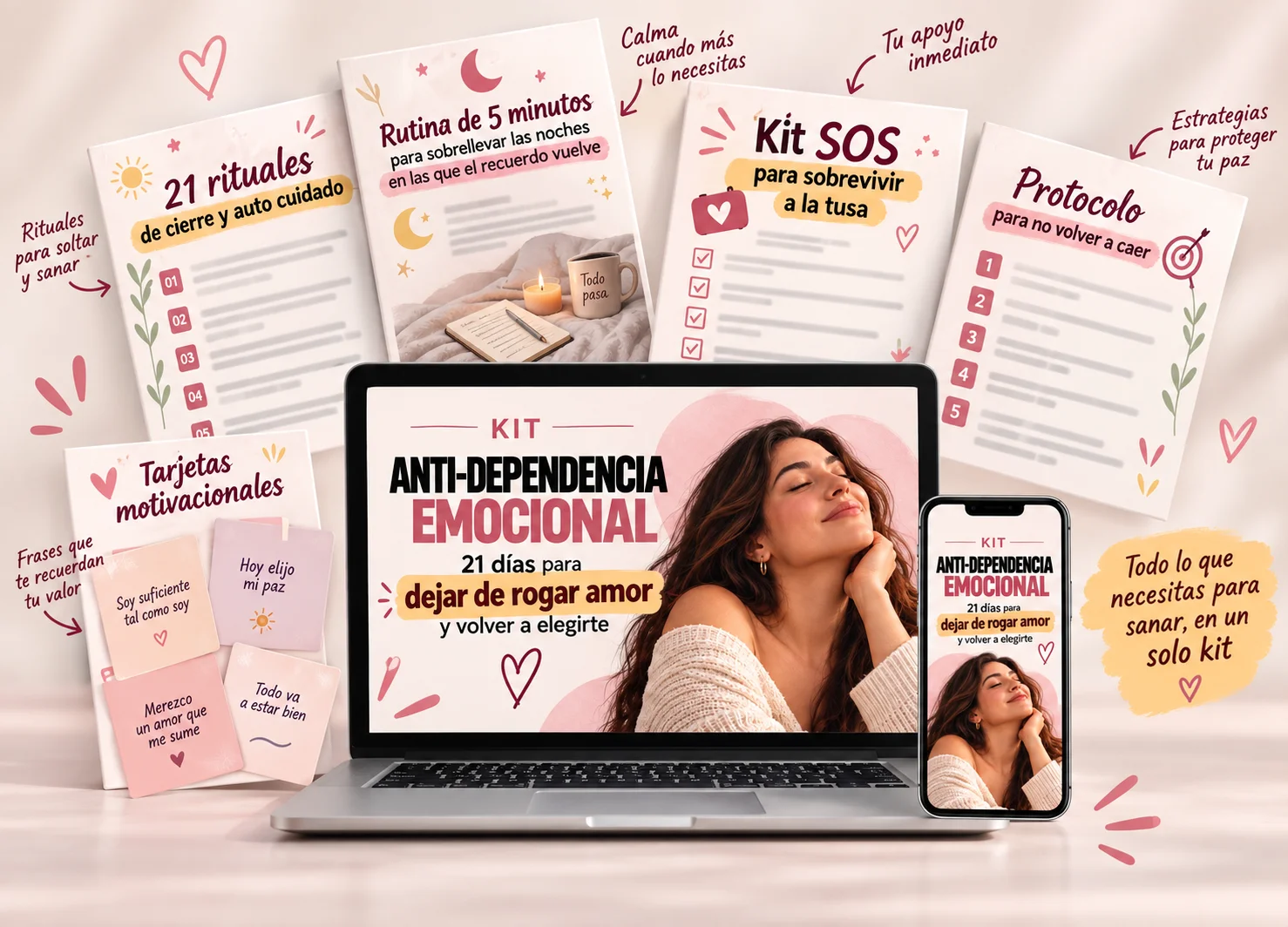 Kit Anti-Dependencia Emocional completo con workbook digital, bonos, tarjetas motivacionales y acceso en laptop y celular