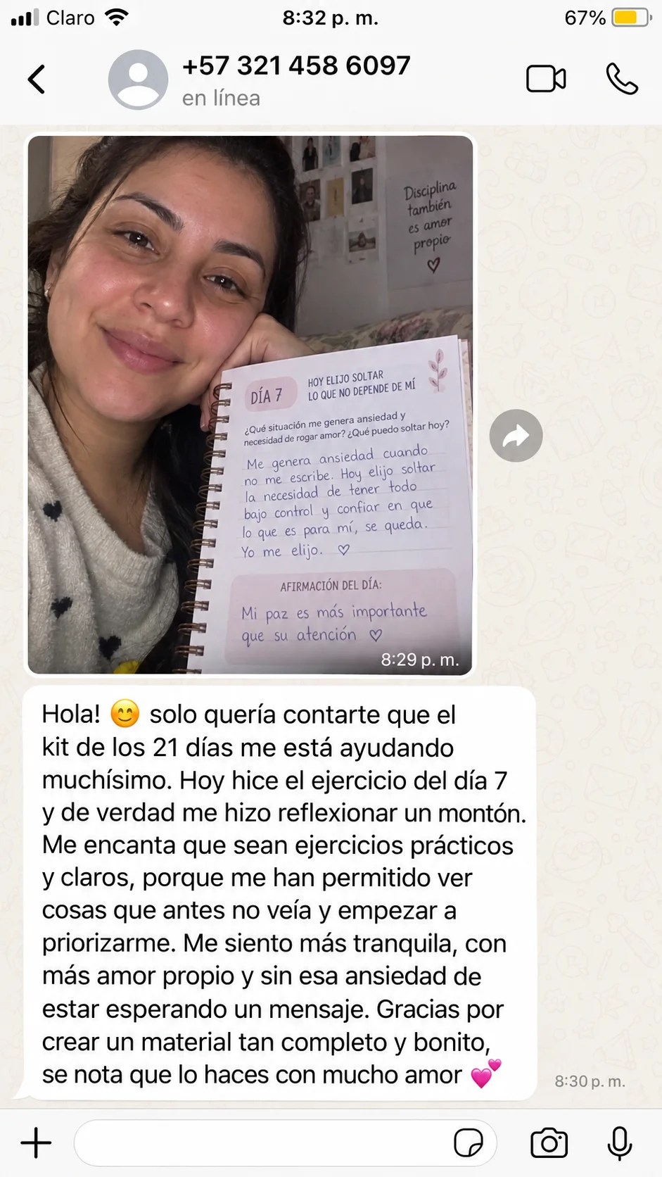 Captura de WhatsApp con testimonio real de una usuaria del Kit (2 de 4)