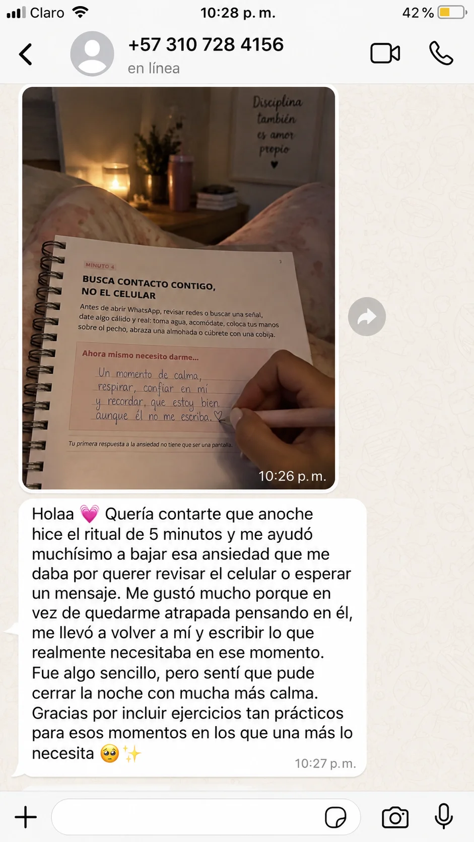Captura de WhatsApp con testimonio real de una usuaria del Kit (3 de 4)