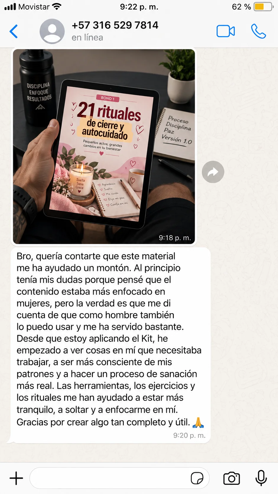 Captura de WhatsApp con testimonio real de una usuaria del Kit (1 de 4)