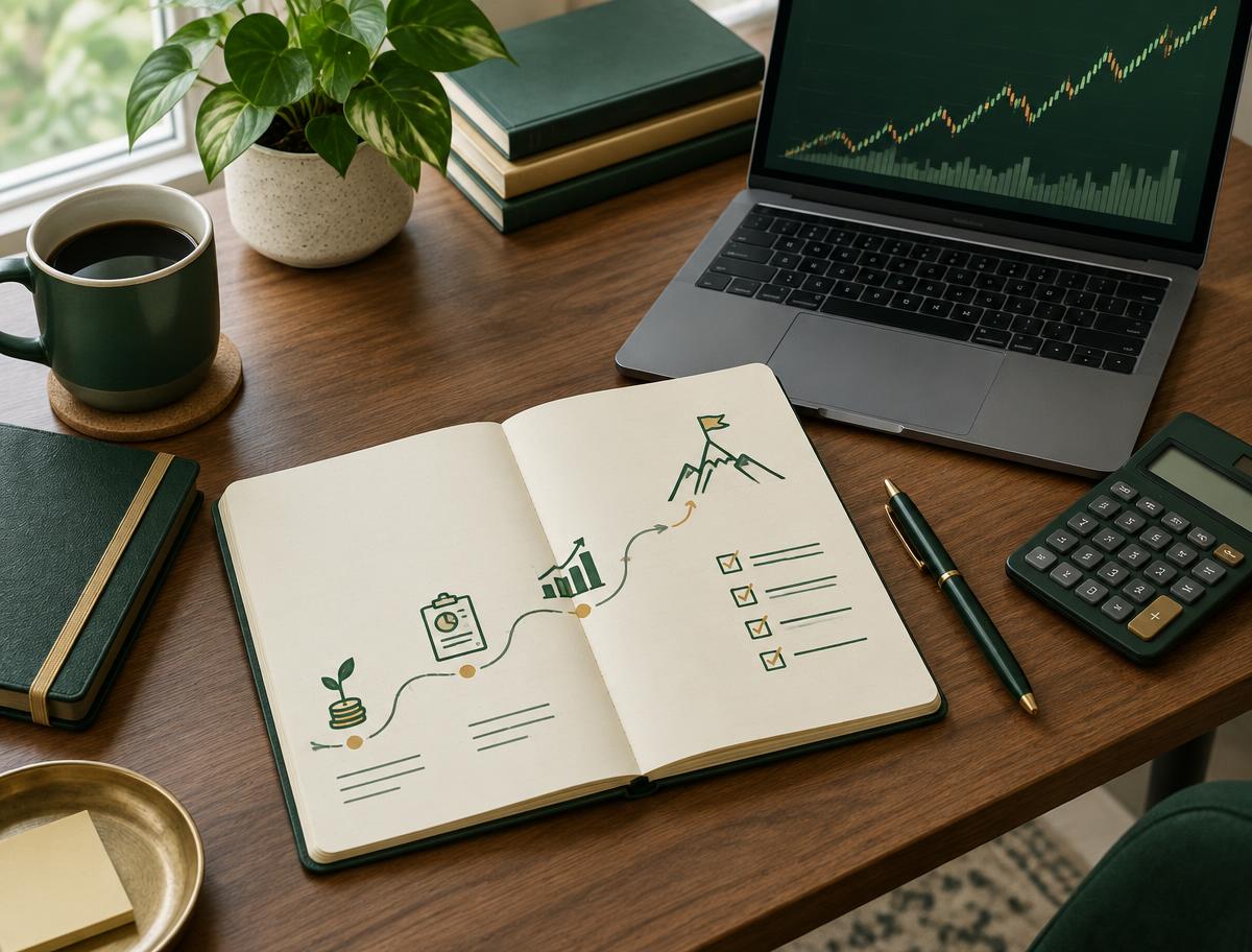 Cuaderno con una ruta de inversión junto a una computadora y calculadora