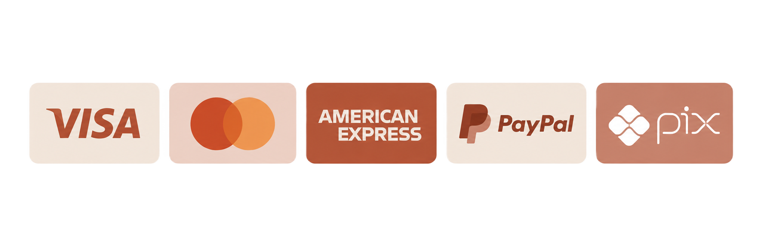 Métodos de pago disponibles: Visa, Mastercard, American Express, PayPal y Pix